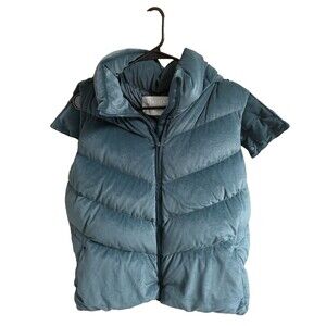 Athleta Teal Velvet Puffer Vest Women Size XL Goose Down Removable Hoodie Pocket